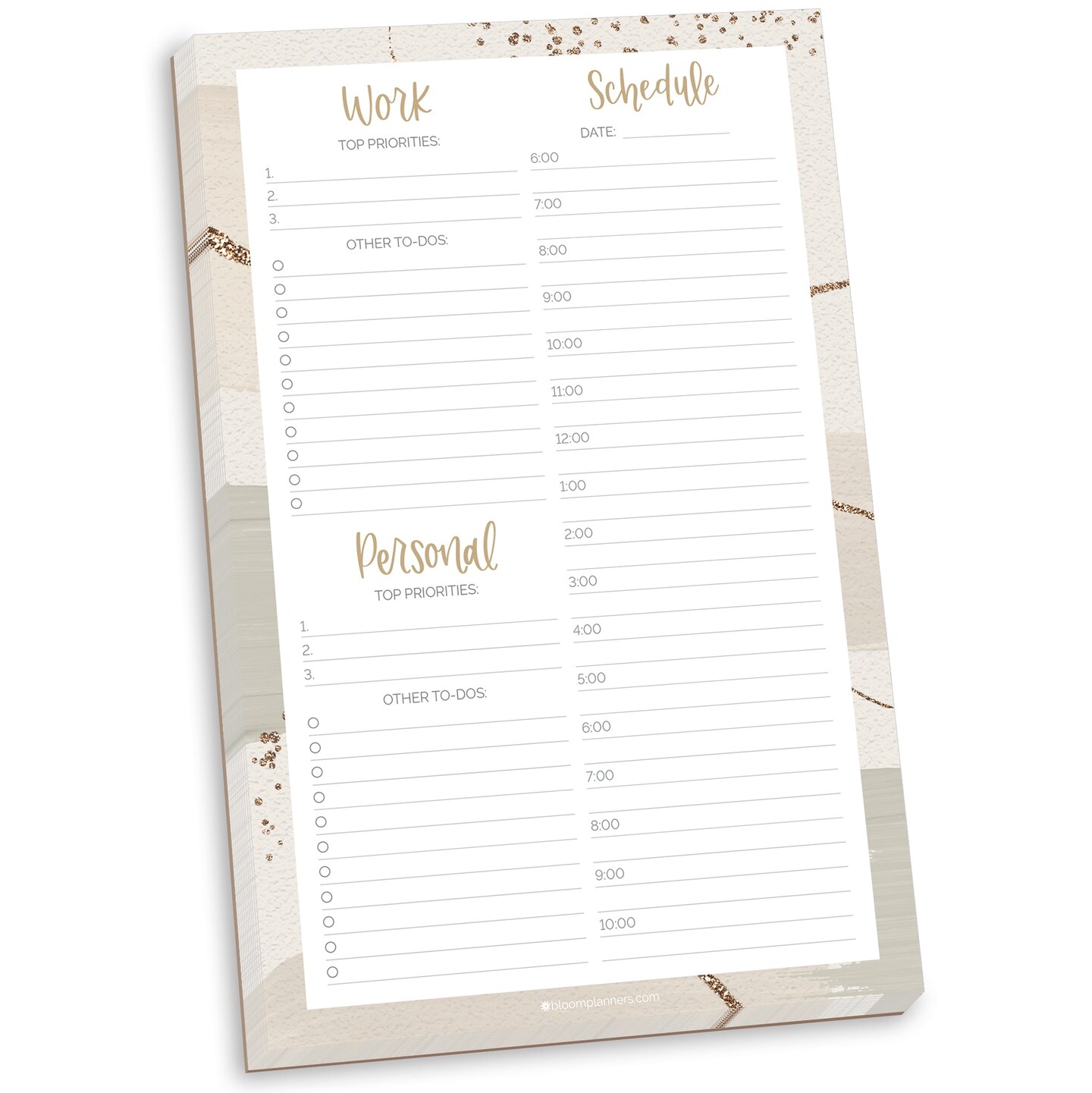 bloom daily planners Planning Pad, 6&#x22; x 9&#x22;, Timed Work &#x26; Personal To-Do List, Brushed Beige