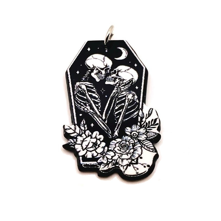 1, 4 or 20 Pieces: Black Skeleton Lovers in Coffin Charms, Goth Lovers, Love is Eternal: Double Sided