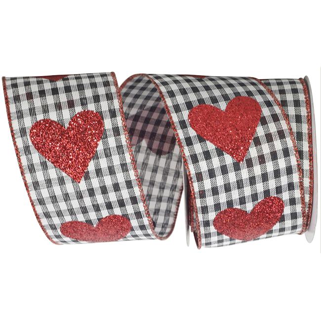 Red Glitter Hearts on White Wired Ribbon - Multi