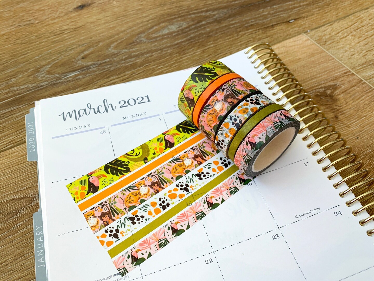 Jungle Lush Tropical Tigers Monkeys Birds & Zebras Green & Orange Washi Tape Set (#W020)