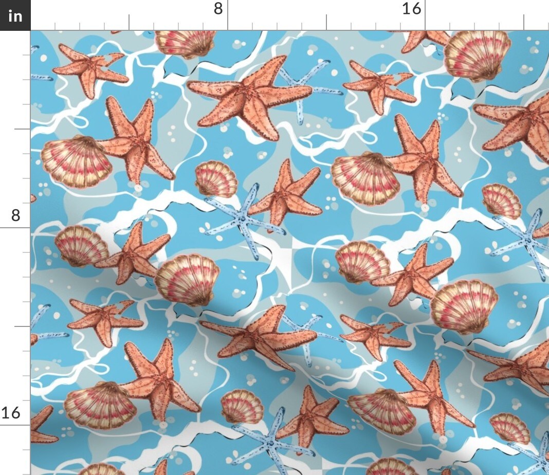 Bright Coastal Ocean Beach Sea Shells Coral Blue Whimsical Summer Water Custom Printed Fabric by Spoonflower Various Fabrics by the Yard or Fat Quarter