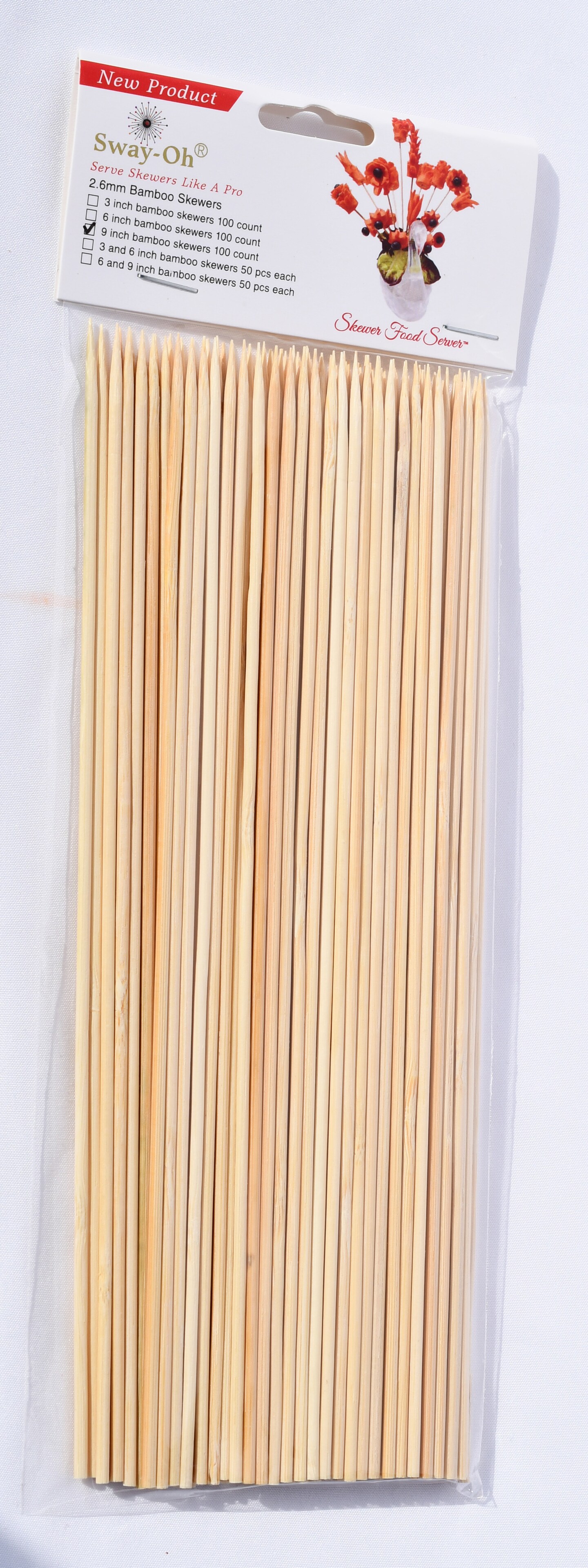 9" Natural Bamboo Skewers, 100 Count - Ø=2.6mm. Natural Bamboo. Strong, durable, bamboo skewers to display bite-sized fruits, vegetables, meats, cheese, desserts, and other appetizers.