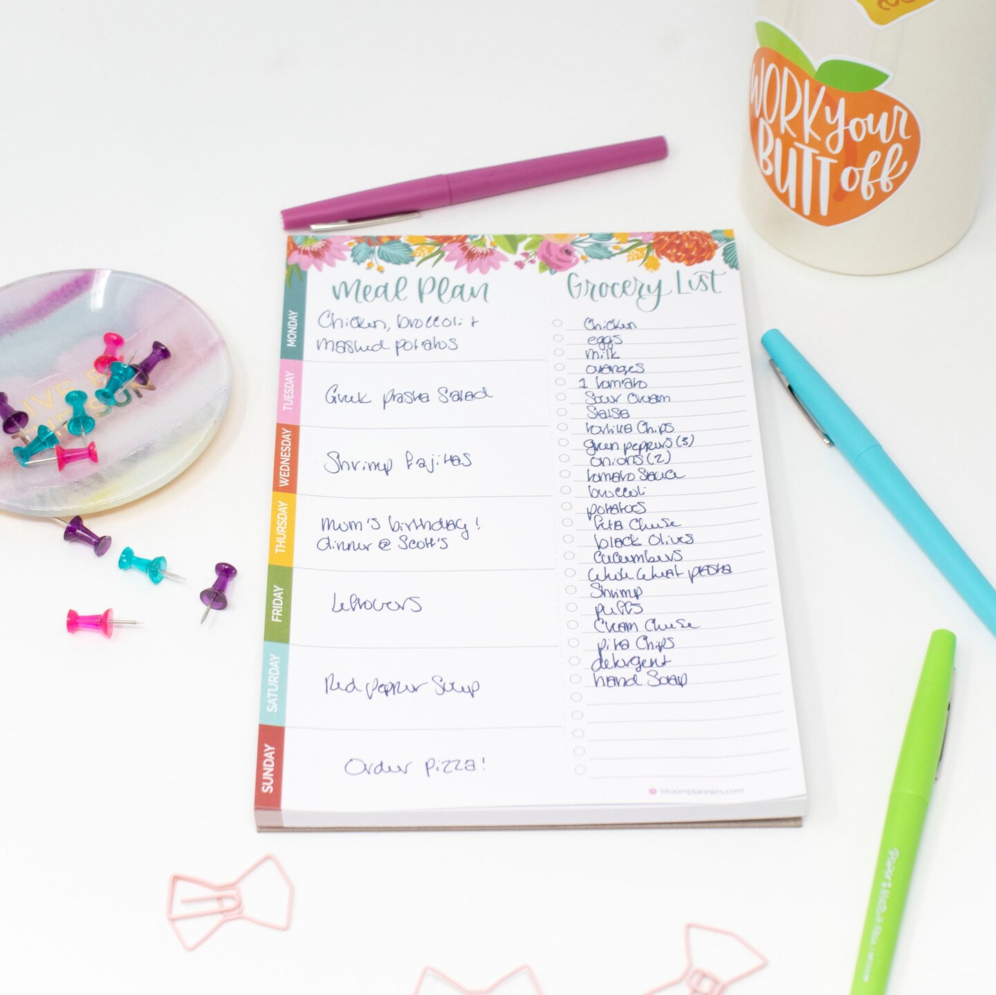 bloom daily planners Planning Pad, 6&#x22; x 9&#x22;, Meal Planning Pad with Magnets, Pink Floral