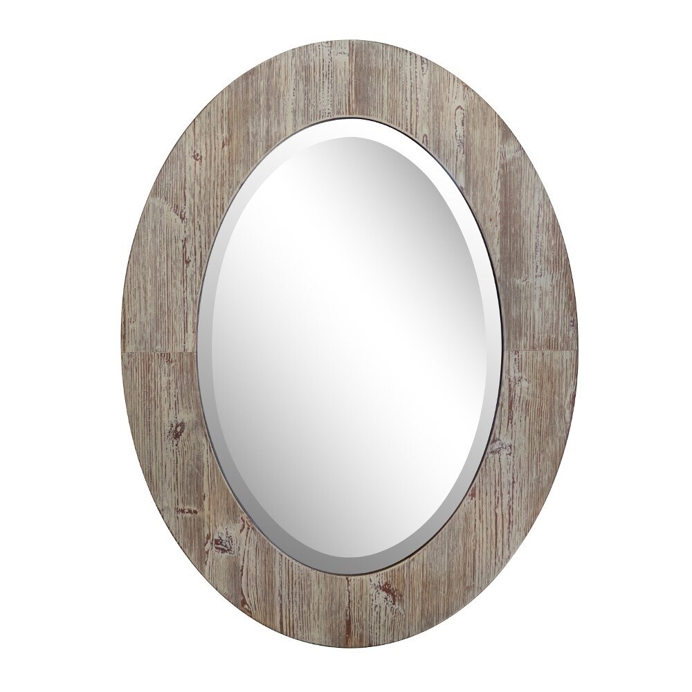 Bellaterra Home 24 in. Oval Wood Grain Frame Mirror in Antique White Finish