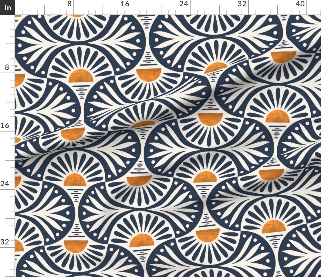 Various Fabrics by the Yard or Fat Quarter Art Deco Boho Retro Vintage Abstract Sunset Coastal Modern Damask Navy Blue Hourglass Large Scale Custom Printed Fabric by Spoonflower