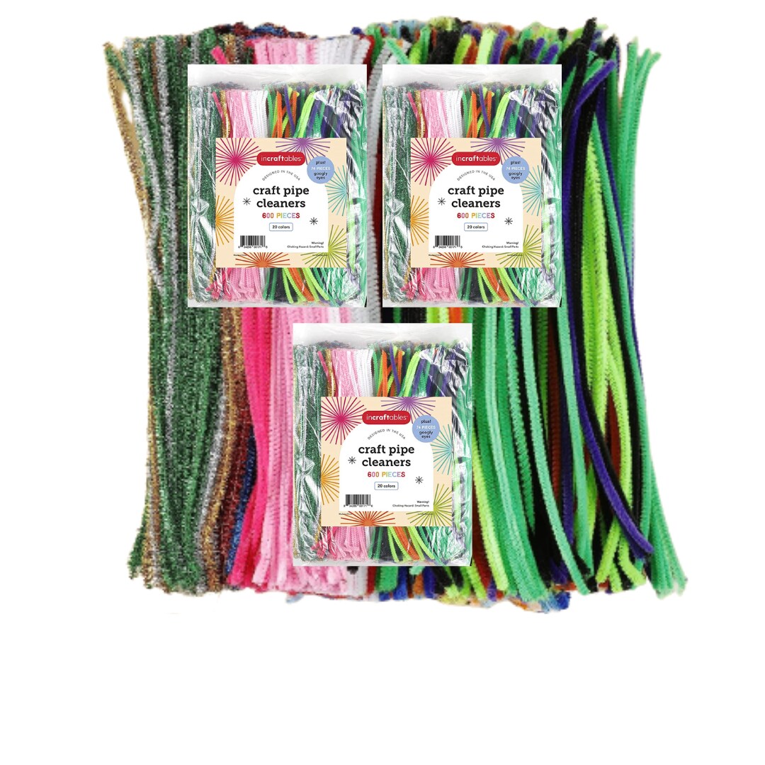 3 PACK - Incraftables 600pcs Pipe Cleaners Craft Supplies Set (20 Colors). Best Thick Fuzzy Chenille Stems Sticks with Googly Eyes. Colorful & Assorted Bulk Pipecleaners for DIY Arts & Crafts (12 inch Long)