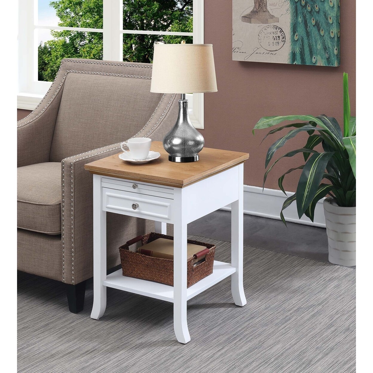 Convenience Concepts American Heritage Logan End Table with Drawer and Slide, Driftwood and White