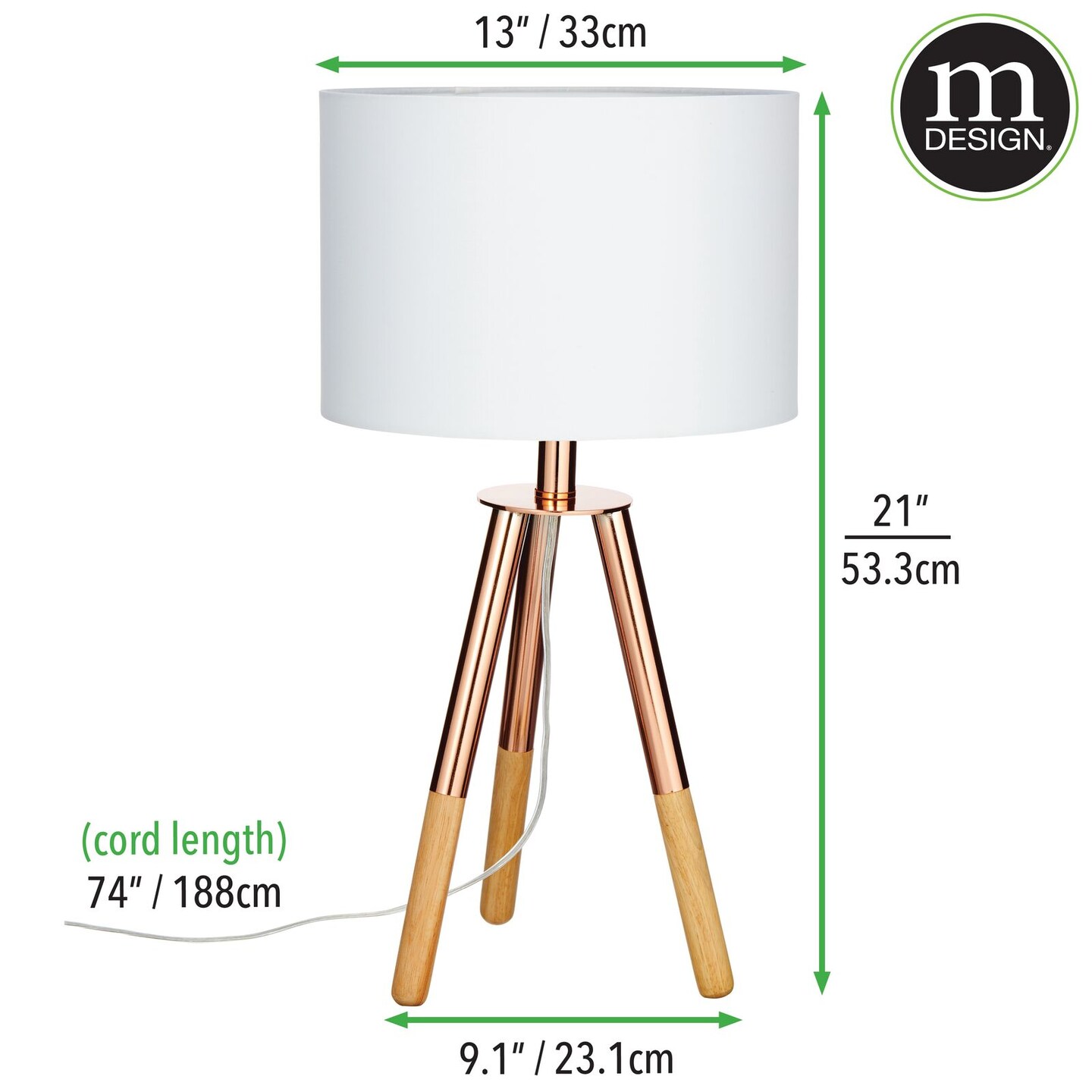 mDesign Metal and Wood Tripod Table Lamp