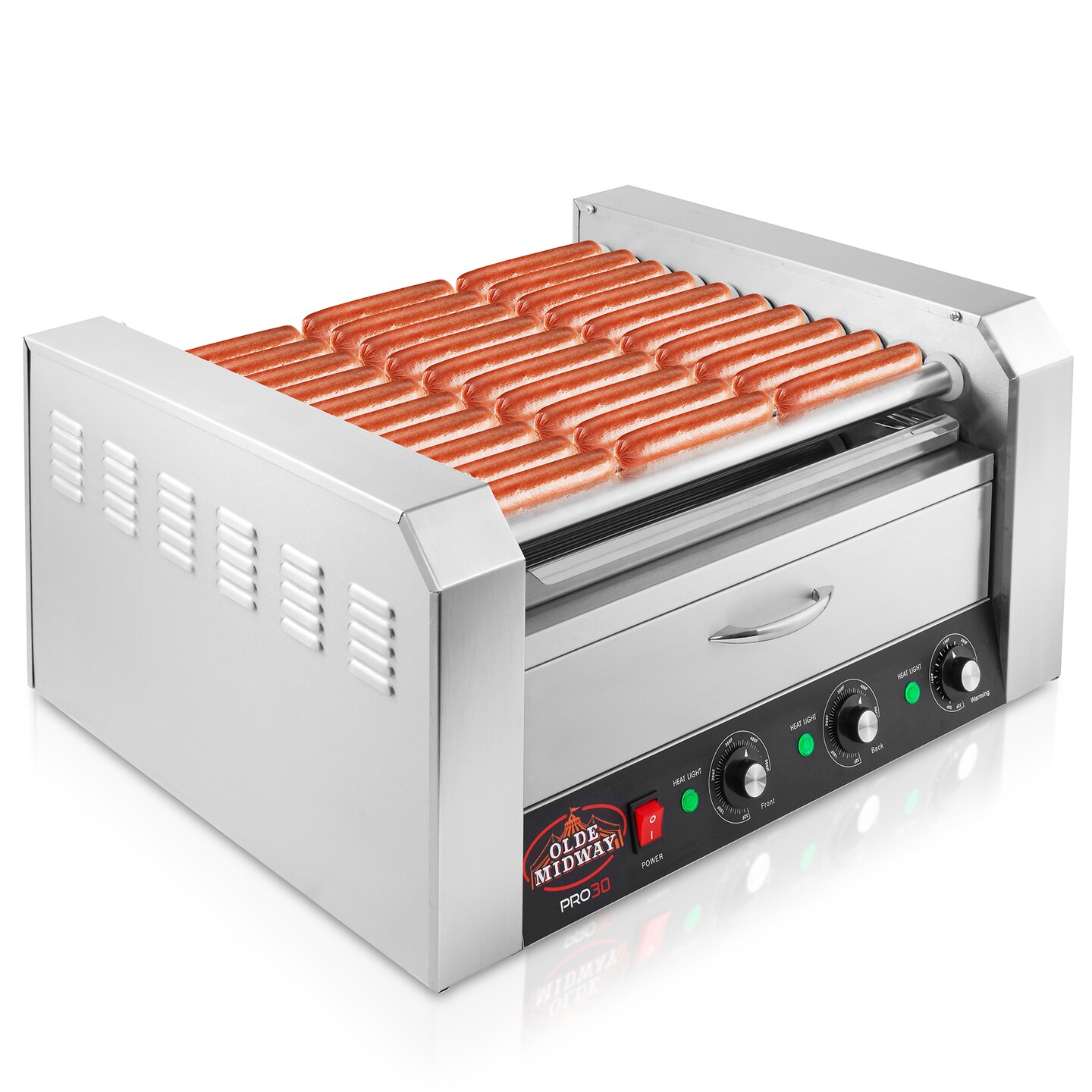 Olde Midway Electric Hot Dog Roller Grill Cooker Machines with Bun Warming Drawer - Commercial Grade