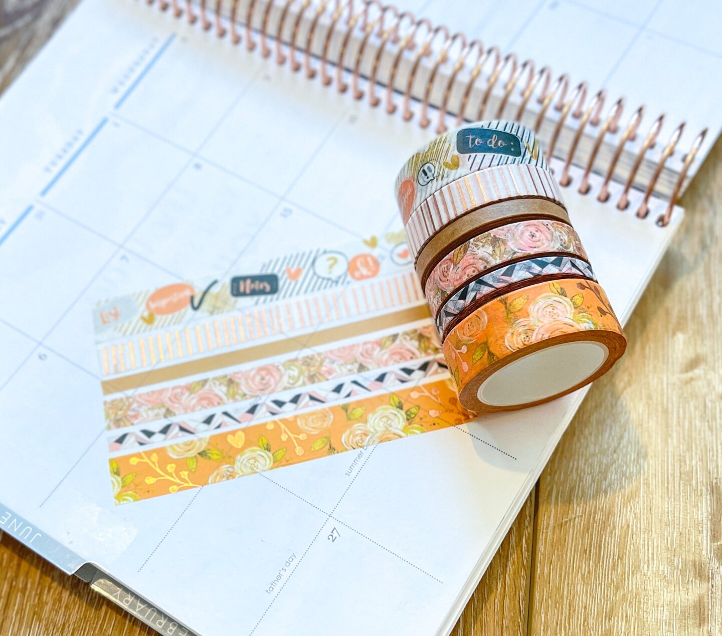 FOILED Peach Floral &#x26; Rose Gold Stripes Washi Tape Set (#W060)