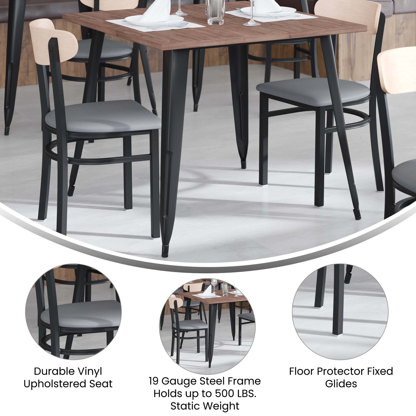 Emma and Oliver Yara Industrial Dining Chair with Rolled Steel Frame and Solid Wood Seat - 500 lbs. Static Weight Capacity