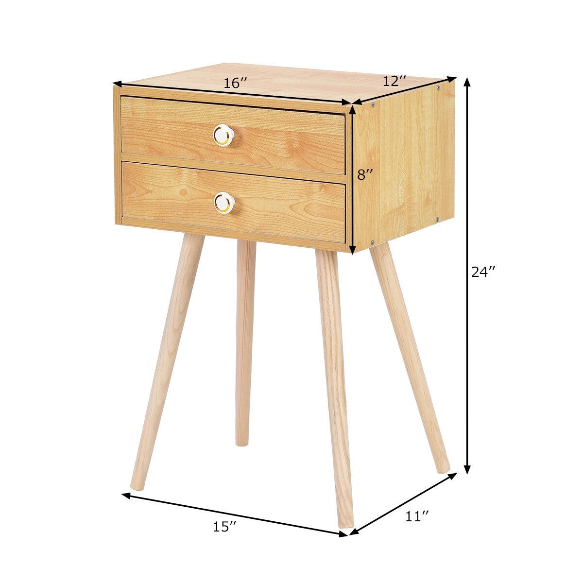 Modern Floor Standing 2 Drawers Nightstand with Wooden Legs and Golden Knob