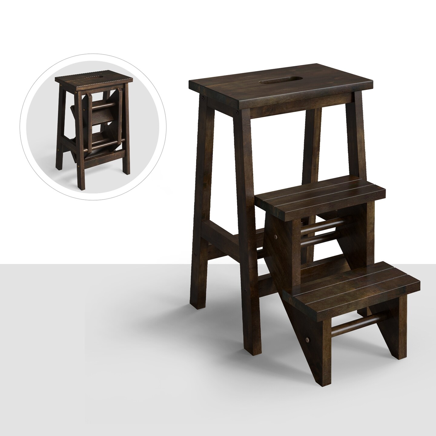 3-in-1 Rubber Wood Step Stool with Handle Anti-Slip Wide Pedals