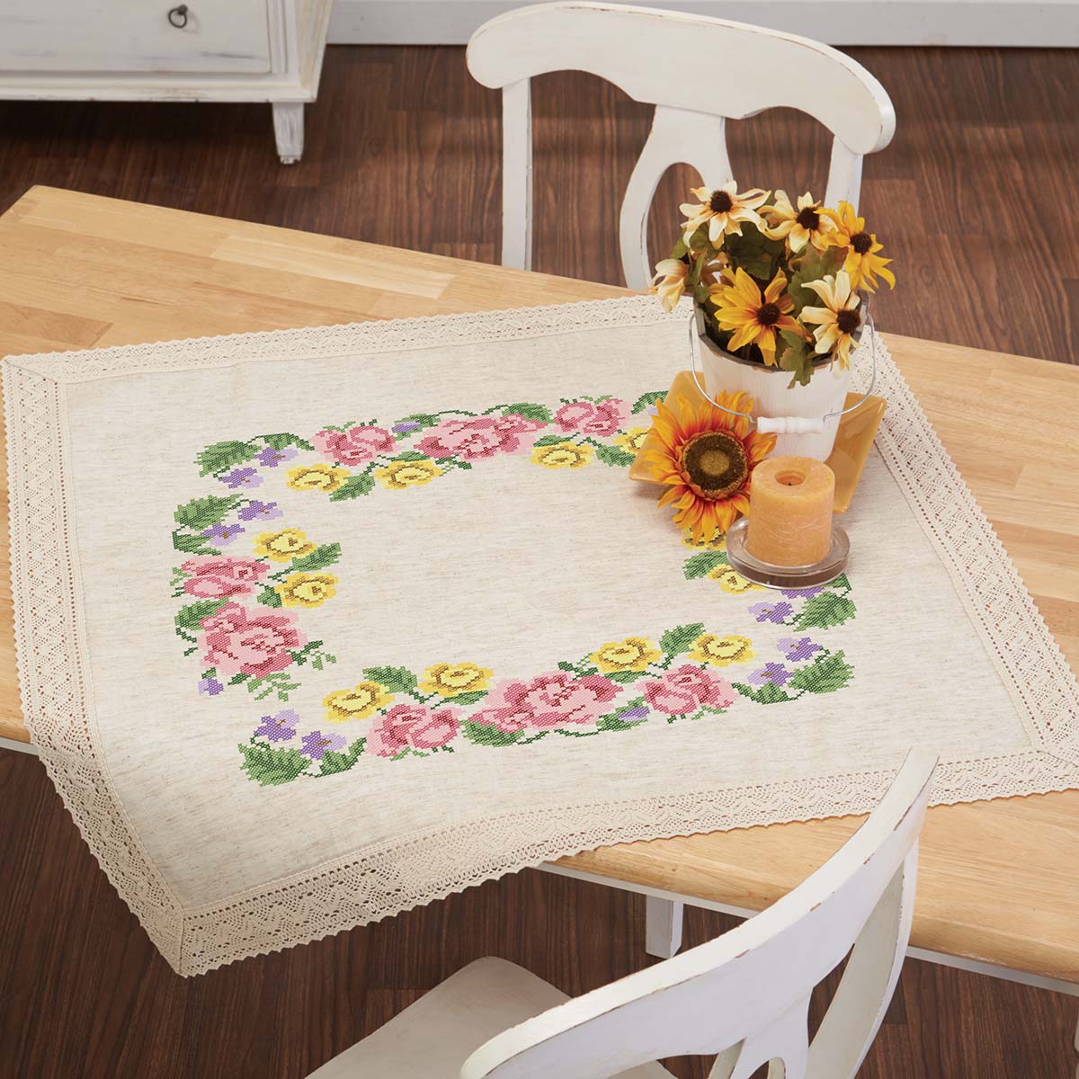 Herrschners Rose Garden Table Topper Stamped Cross-Stitch Kit