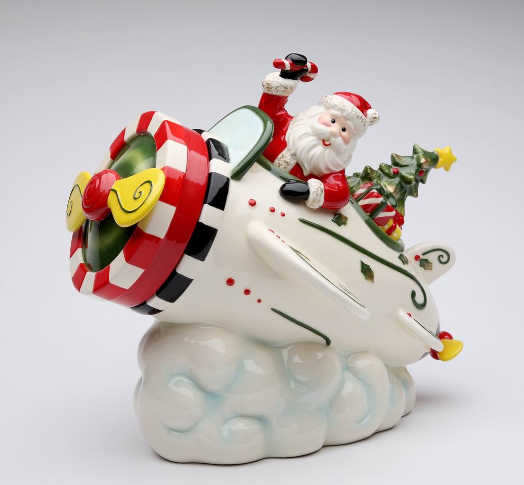 Ceramic Santa With Airplane Cookie Jar, Home D&#xE9;cor, Gift for Pilot, Gift for Her, Gift for Mom, Kitchen D&#xE9;cor, Christmas D&#xE9;cor