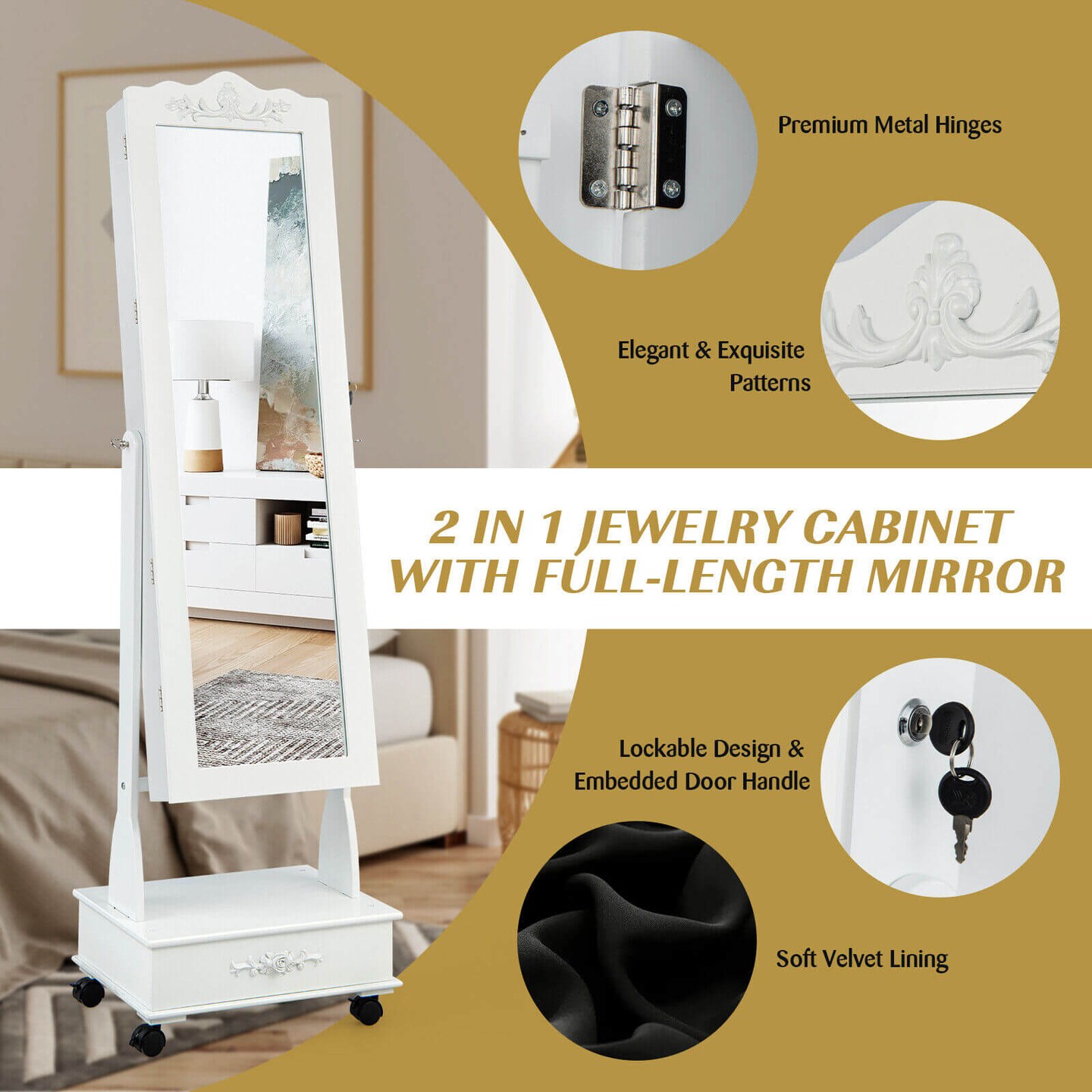 Rolling Floor Standing Mirrored Jewelry Armoire with Lock and Drawers