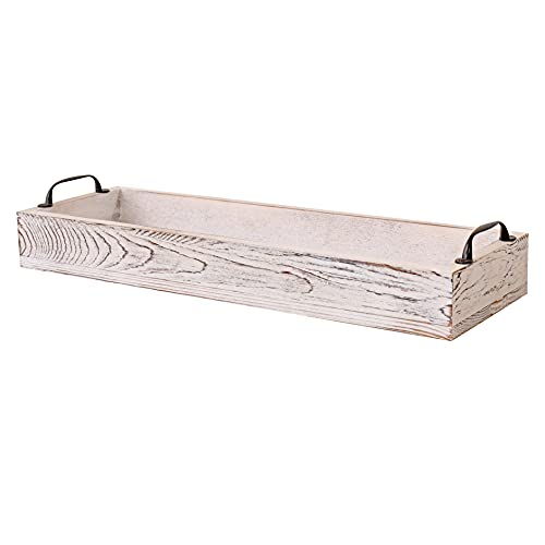 Rustic Wooden Serving Trays Rectangular with Handle,Ottoman Tray for Living Room 16 Inch Long for Serving Wine(whitewashed)