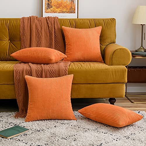 MIULEE Pack of 2 Fall Orange Pillow Covers 18x18 Inch Soft Boho Striped Corduroy Throw Pillow Covers Set Decorative Square Cushion Cases Pillowcases for Sofa Bedroom Couch