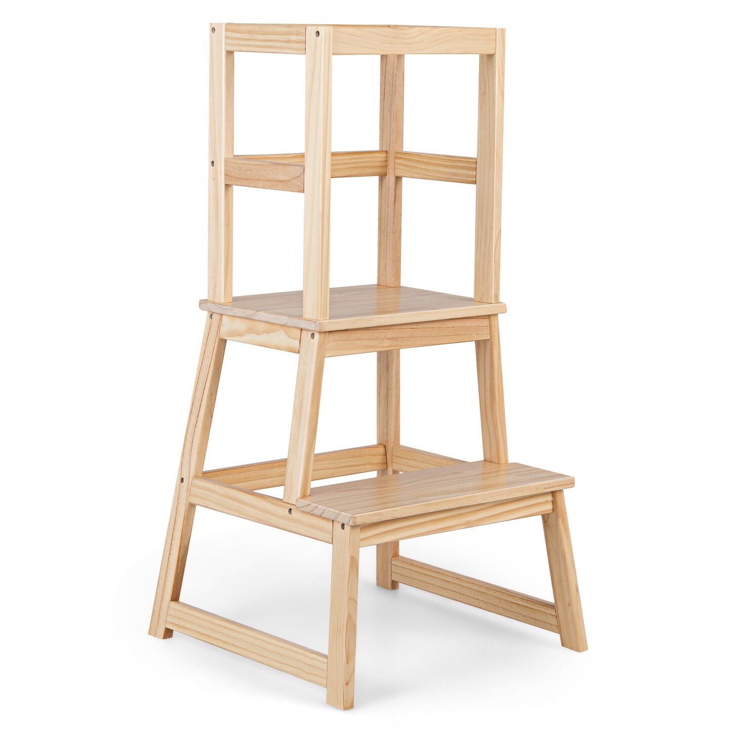 2-in-1 Multifunctional Wooden Kids Step Stool with Safety Guardrail and Wide Platform