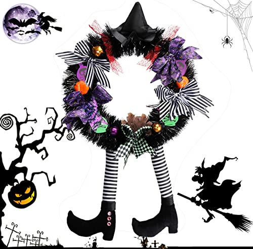 Halloween Wreath Outdoor Decorations - 24 X 15&#x27;&#x27; Door Wreaths for Front Door, Witch Decor with Hat Legs Pumpkin Halloween Hanging Decor Skeleton Welcome Black Wreath Sign Outdoor