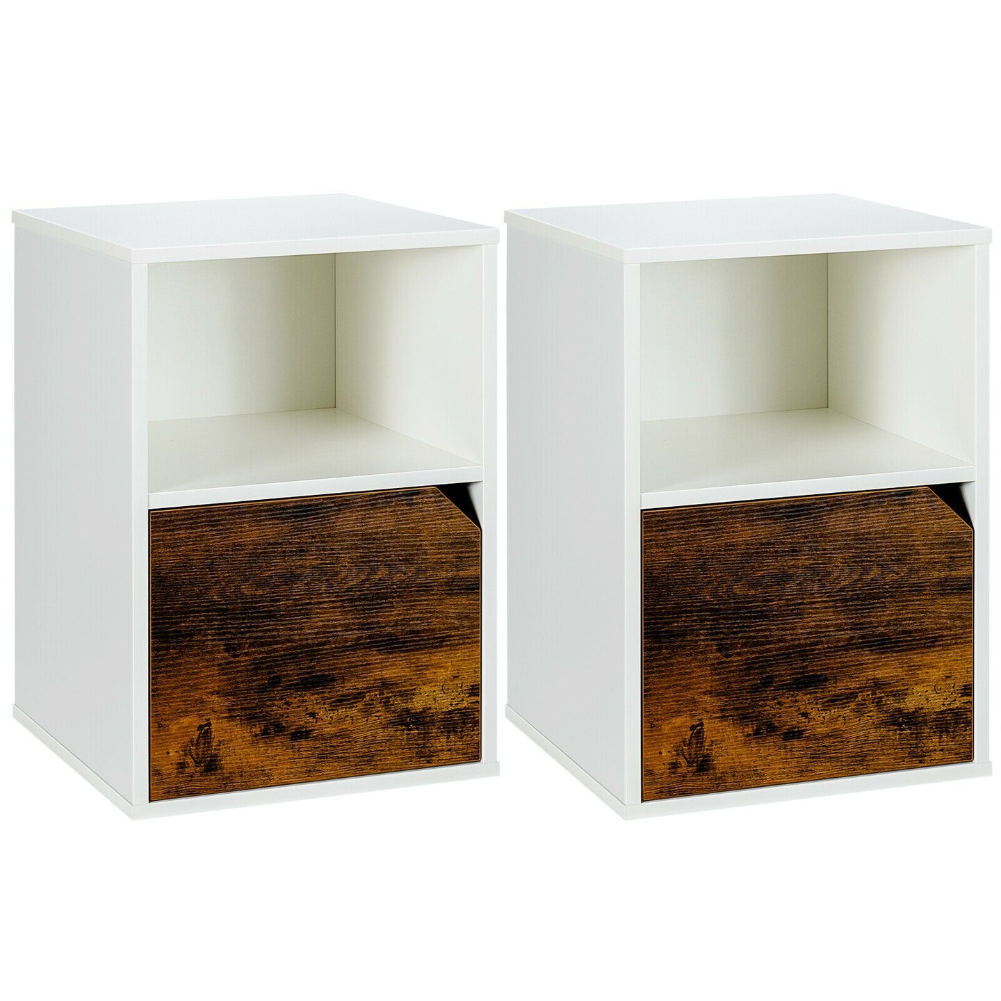 Set of 2 Side End Table Nightstands with Triangular Cut-Out Cabinet Door and Large Open Shelf