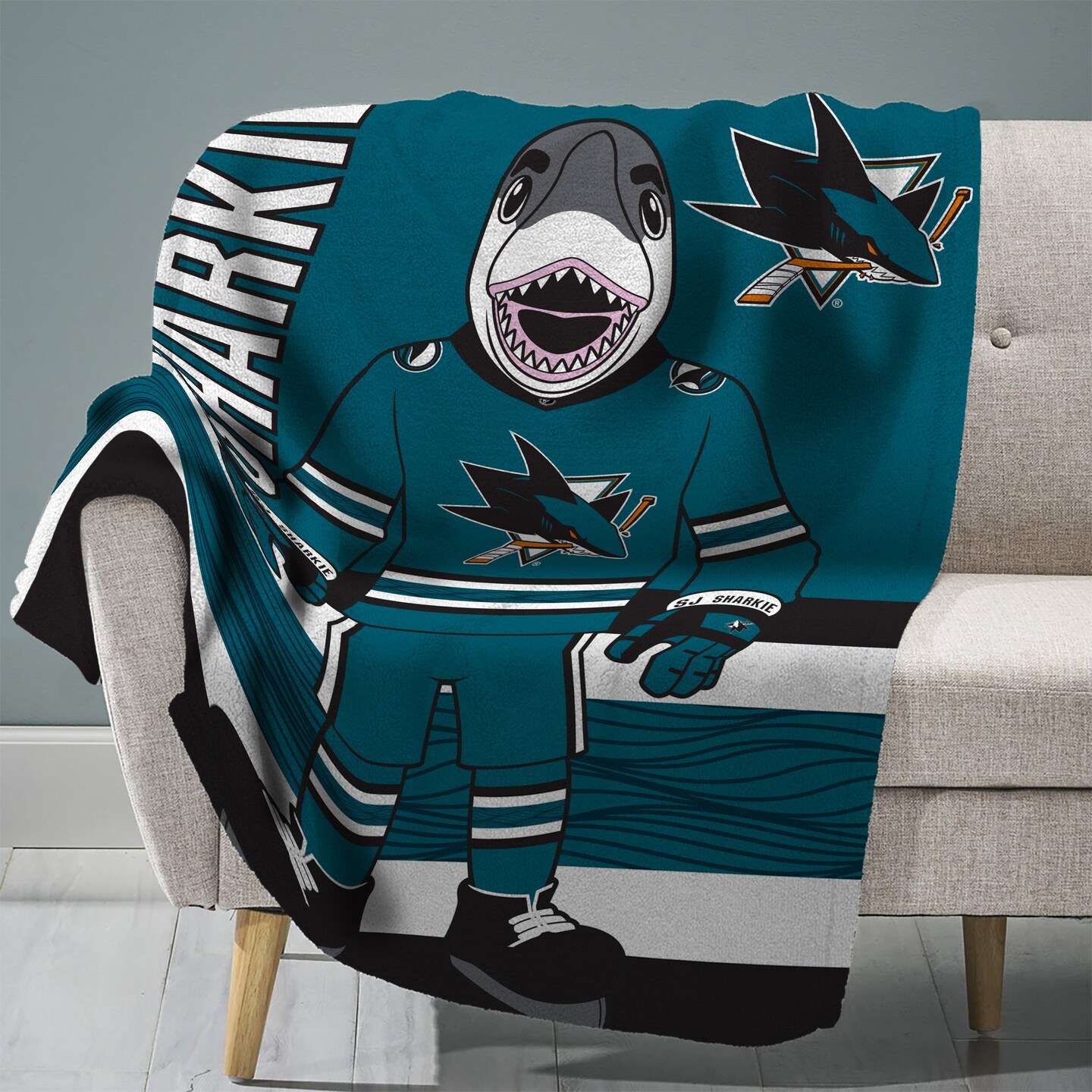 Sleep Squad San Jose Sharks SJ Sharkie Mascot 60” x 80” Raschel Plush Hockey Blanket