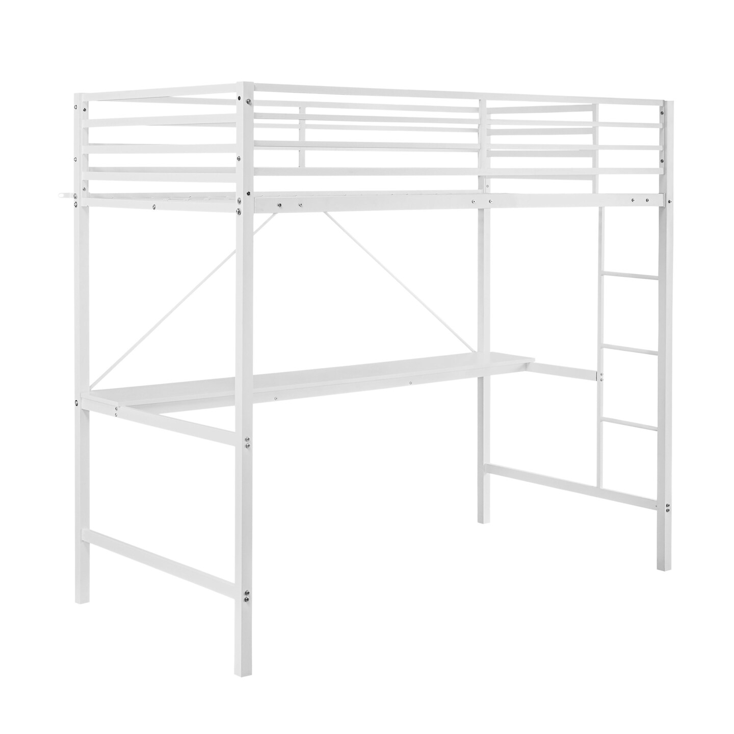 Emma and Oliver Jensen Metal Loft Bed Frame with Desk, Protective Guard Rails and Ladder for Kids, Teens and Adults