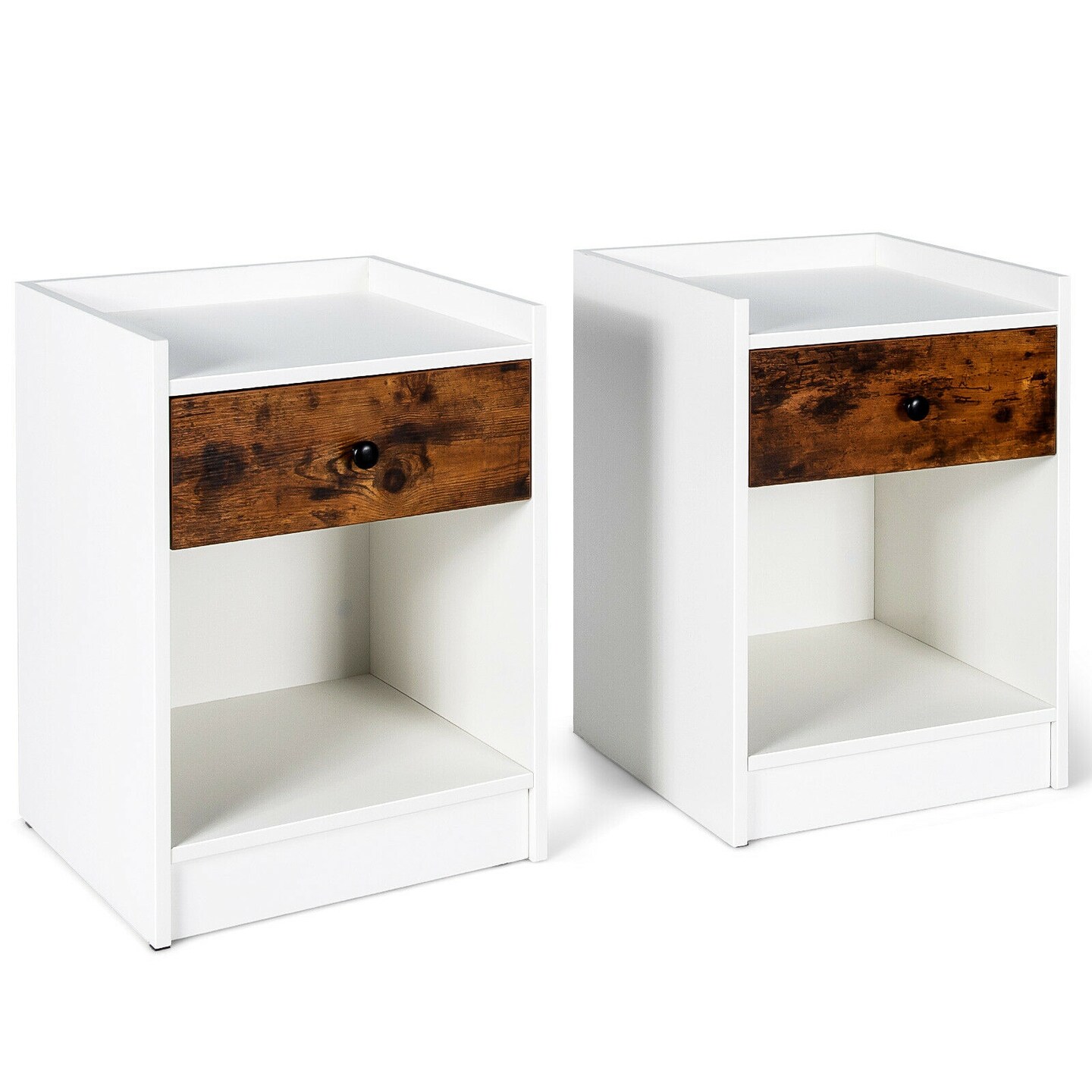 Set of 2 End Side Table Nightstand with Sliding Drawer and One Open Compartment