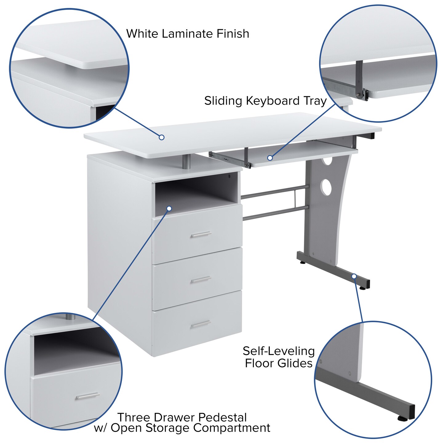 Emma and Oliver Desk with Three Drawer Single Pedestal and Pull-Out Keyboard Tray