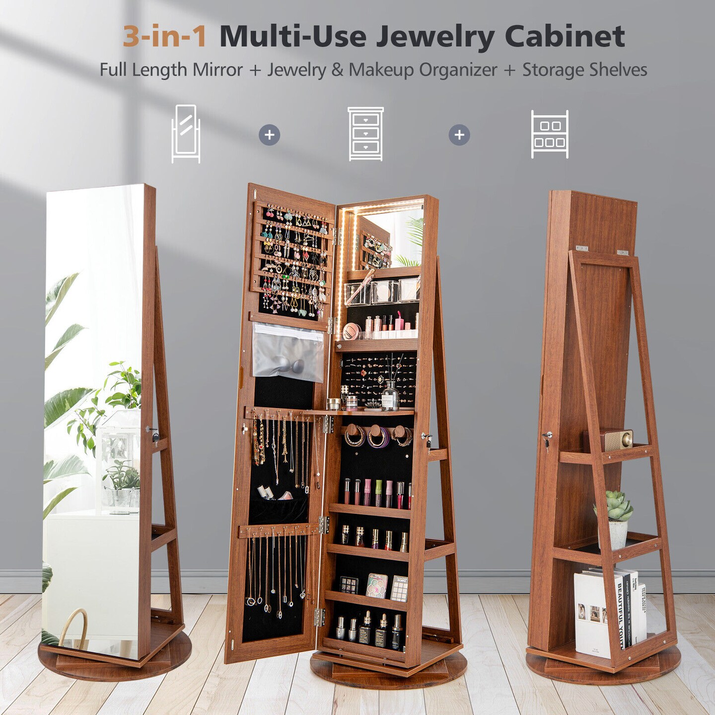 360 Degree Full Length Mirror Jewelry Armoire Cabinet with 3-Color LED Lights and Lockable Door