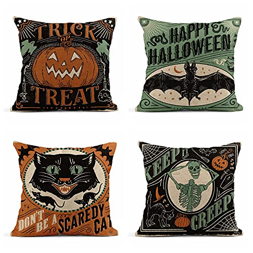 rouihot Set of 4 Linen Throw Pillow Covers 18x18 Inch Vintage Halloween Scaredy Cats Pumpkins Skeletons Home Decor Pillowcase Square Cushion Covers for Sofa Bed Couch