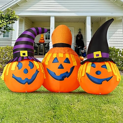 GOOSH 6.5 FT Halloween Inflatables Outdoor Pumpkin Combo with Wizard hat Blow Up Yard Decoration with LED Lights Built-in for Holiday Party Yard Garden