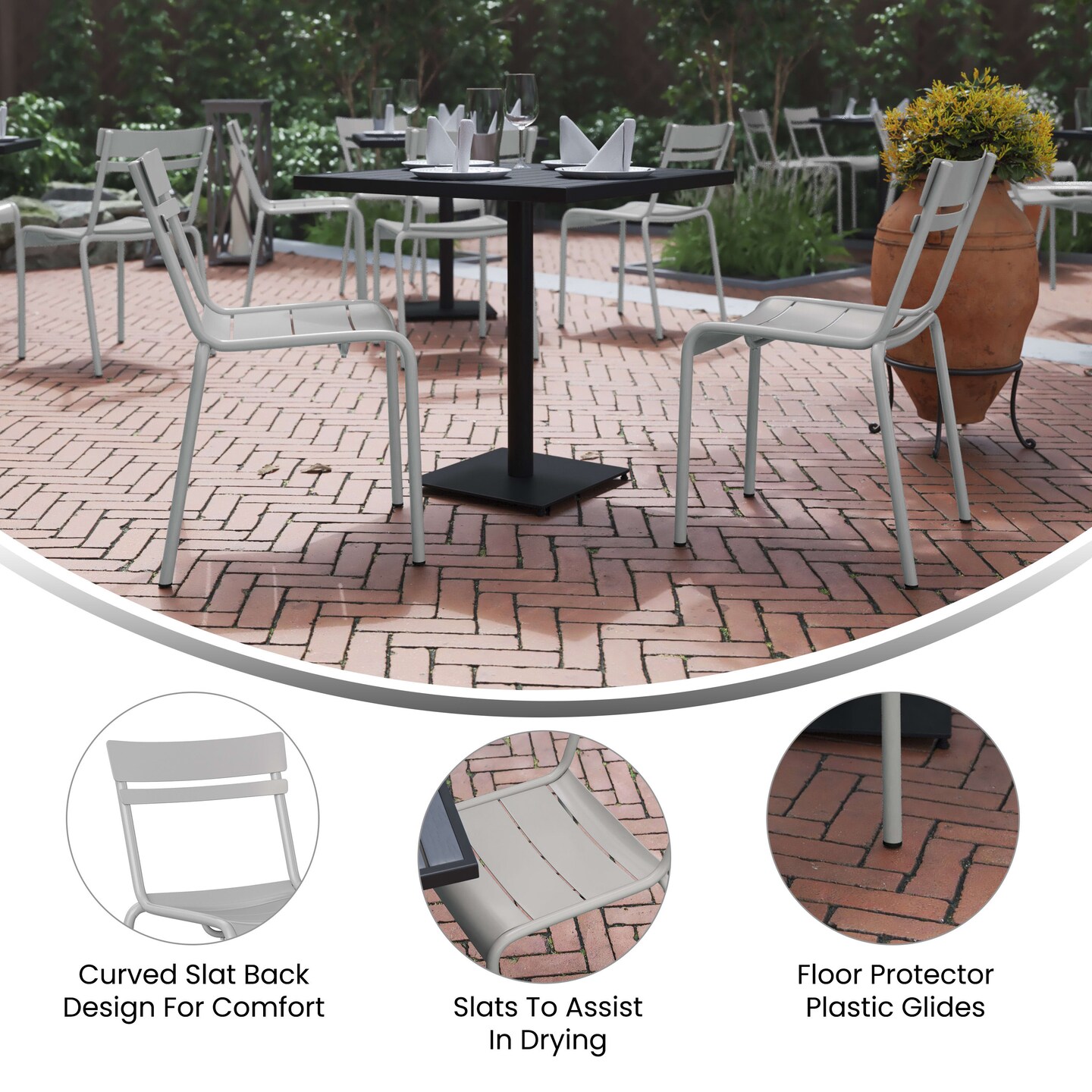 Emma and Oliver Rennes Armless Powder Coated Steel Stacking Dining Chair with 2 Slat Back for Indoor-Outdoor Use