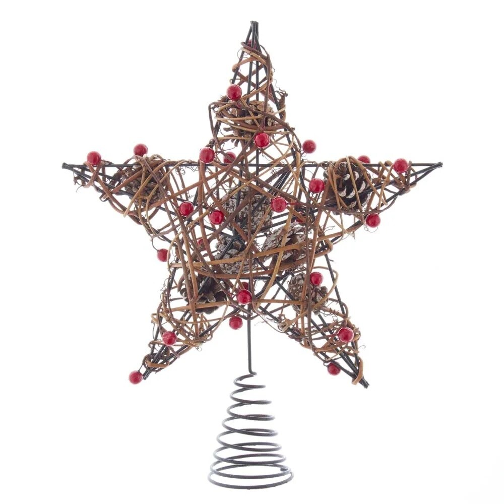 KSA 20&#x22; Red and Brown Star with Berries and Pinecone Christmas Tree Topper, Unlit