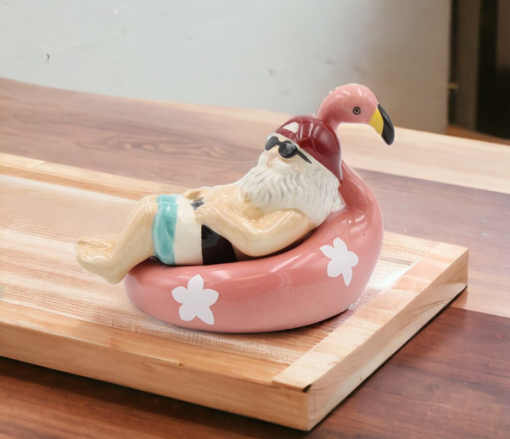 Ceramic Santa Tubing On Flamingo Salt And Pepper Shakers, Home D&#xE9;cor, Gift for Him, Gift for Dad, Kitchen D&#xE9;cor, Christmas Decor