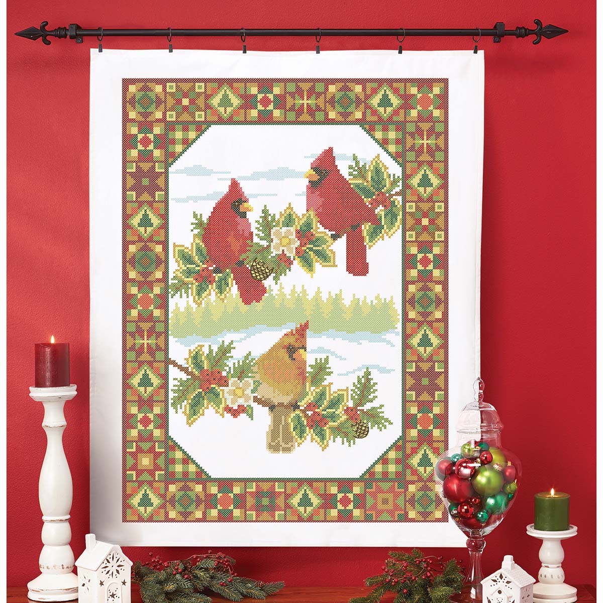 Herrschners Cozy Cardinals Lap Quilt Top Stamped Cross-Stitch Kit