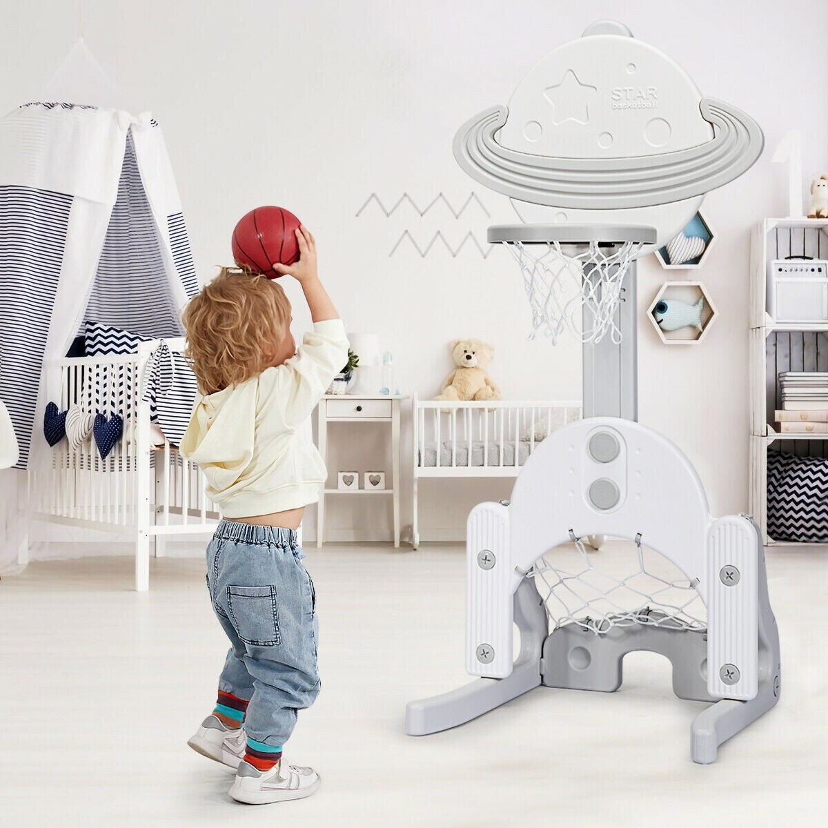3 in 1 Kids Basketball Hoop Set with 5 Adjustable Height Levels Perfect Gift for Children