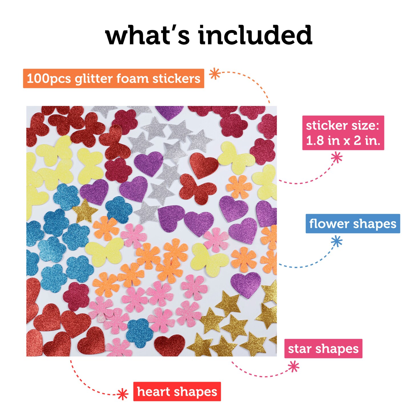 Incraftables Glitter Foam Stickers for Kids Self Adhesive 100pcs. Assorted Foam Flower Stickers, Heart Stickers, Star Glitter Stickers &#x26; Butterfly Sparkly Stickers for Arts &#x26; Crafts for Kids &#x26; Adults