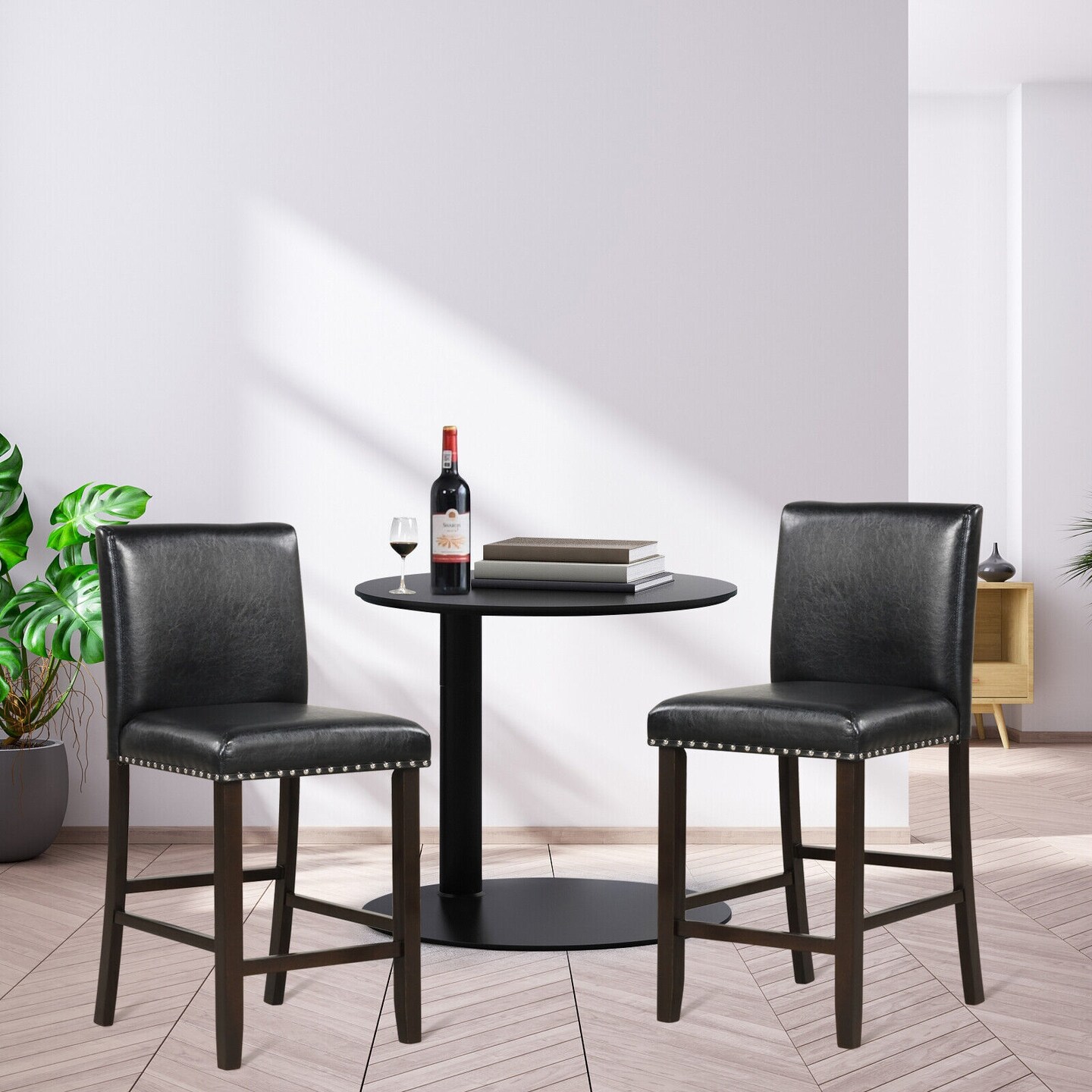 Set of 2 Bar Stools Counter Height Chairs with Padded Seat and Curved Backrest