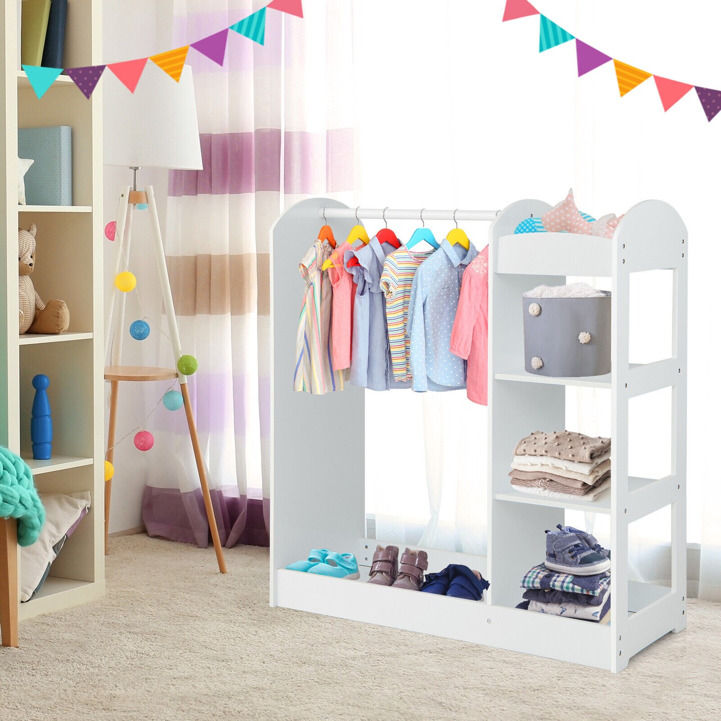 Kids Dress Up Storage Space with 2 Open Shelves and 2 Bottom Storage Layers
