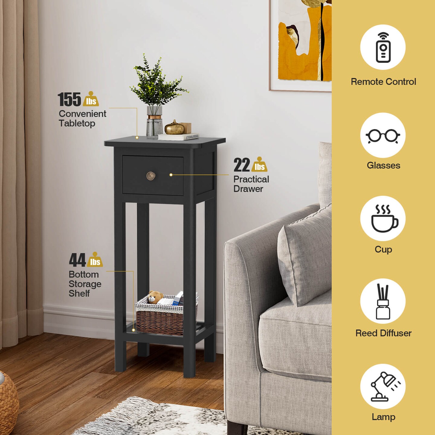 2 Tier Slim Rectangular Bedside Table Nightstand with Open Shelf and Small Drawer