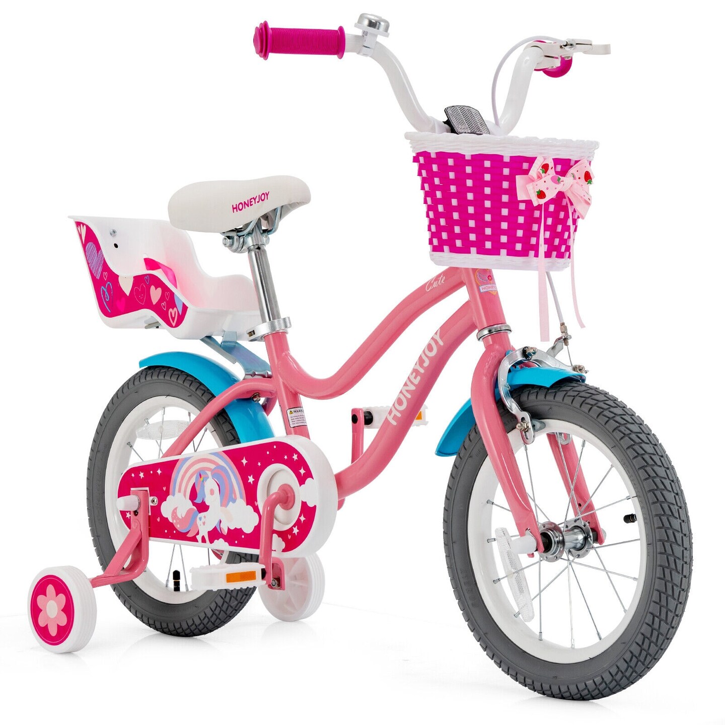 Pink Kids Bicycle with Training Wheels and Beautiful Basket for Girls