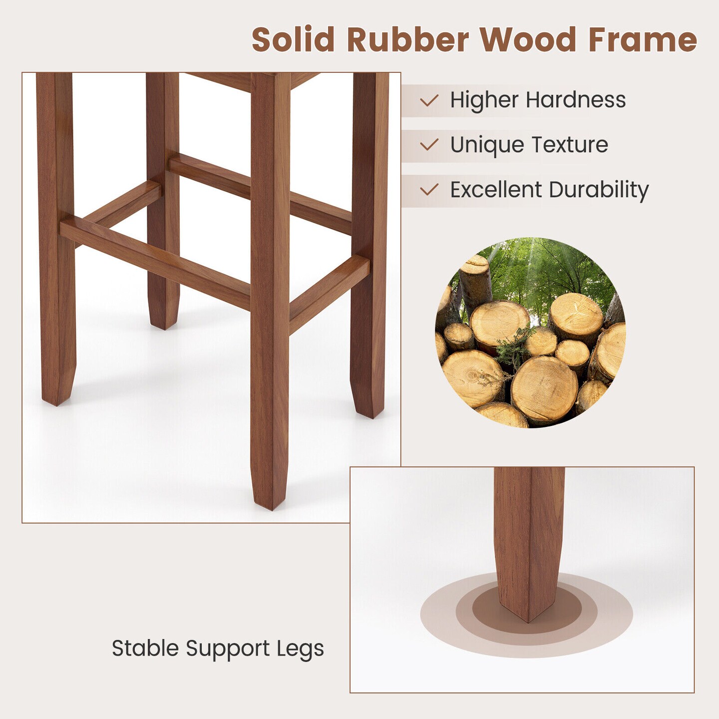 Rubber Wood Linen Bar Stools &#x2013; Backless, 265 lbs Capacity