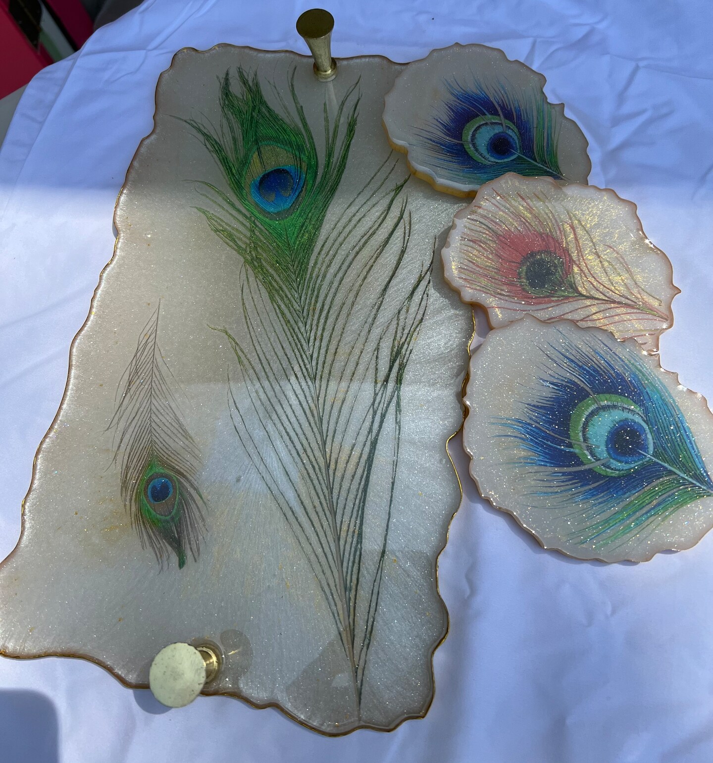 Peacock buy feather resin tray with 4 coasters