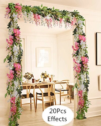 4Pcs 6.6Ft/Piece Artificial Flowers Silk Wisteria Garland-Dearhouse Artificial Wisteria Vine Rattan Silk Hanging Flower for Home Garden Outdoor Ceremony Wedding Arch Floral Decor (White)