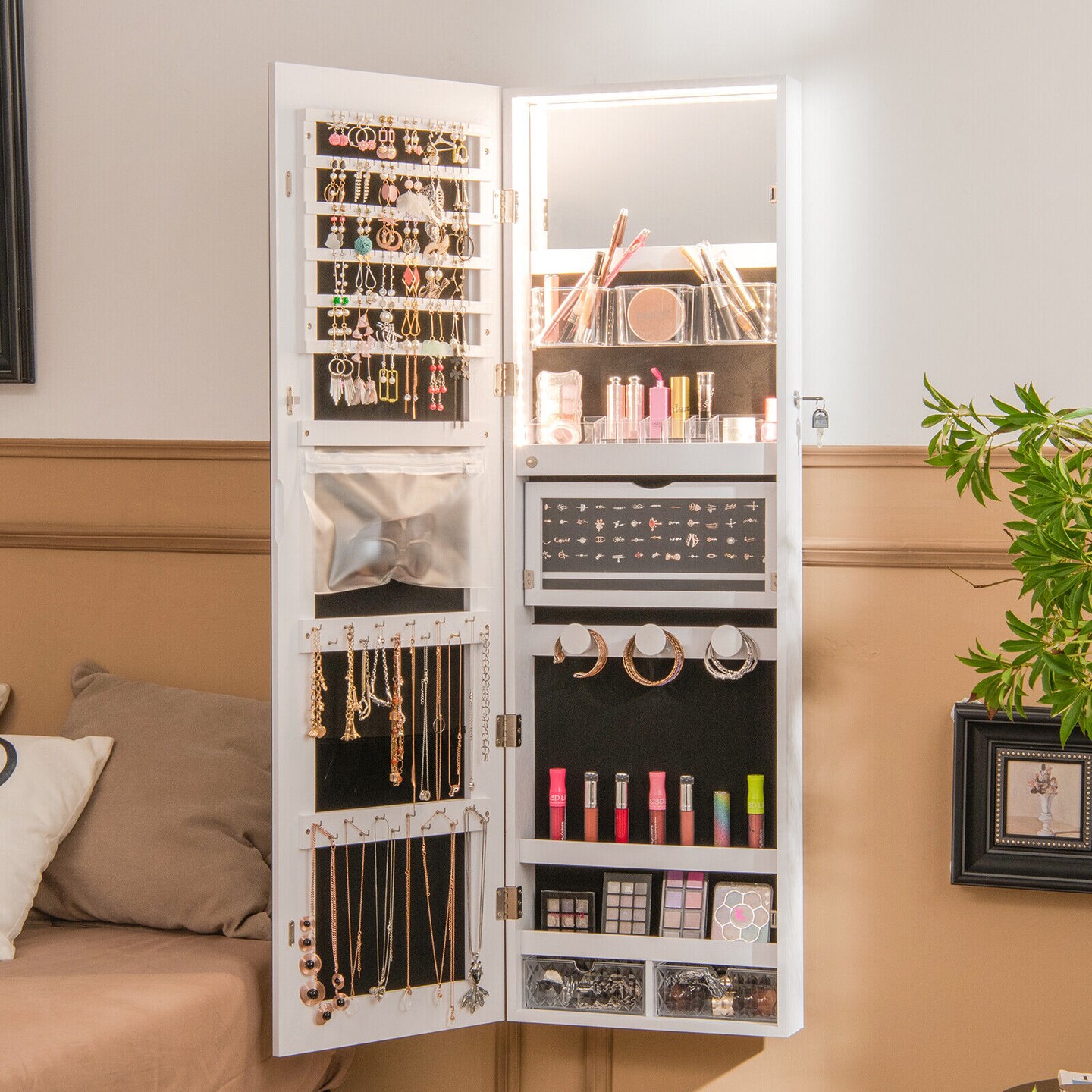 Wall Mounted Full-Length Mirror Jewelry Cabinet with LED Lights and Fold-able Shelf