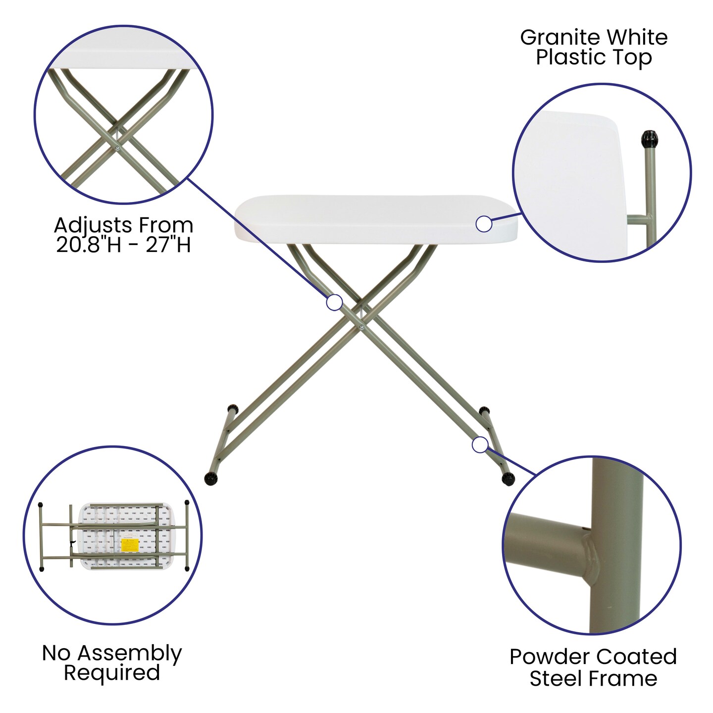 Emma and Oliver Height Adjustable Plastic Folding TV Tray/Laptop Table in Granite White