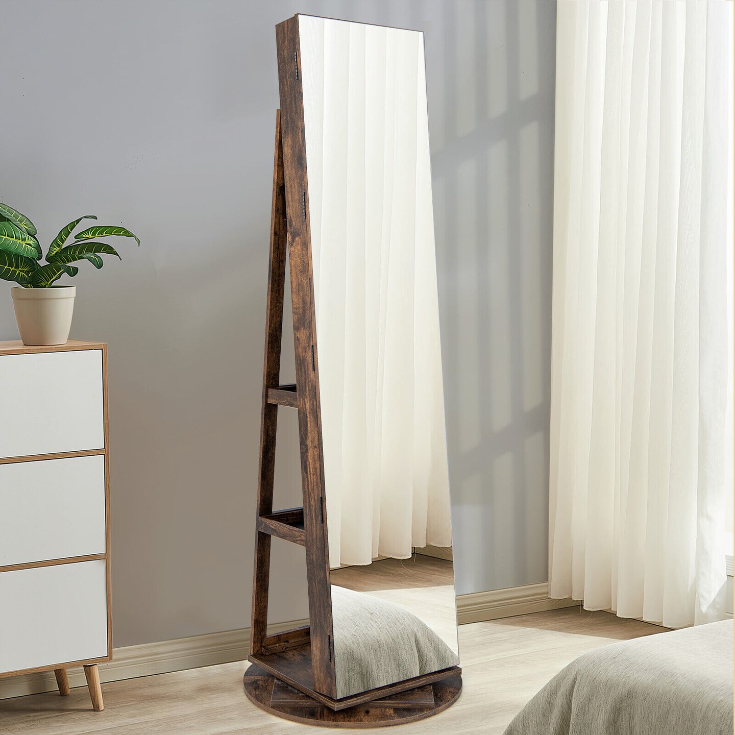 360 Degree Full Length Mirror Jewelry Armoire Cabinet with 3-Color LED Lights and Lockable Door