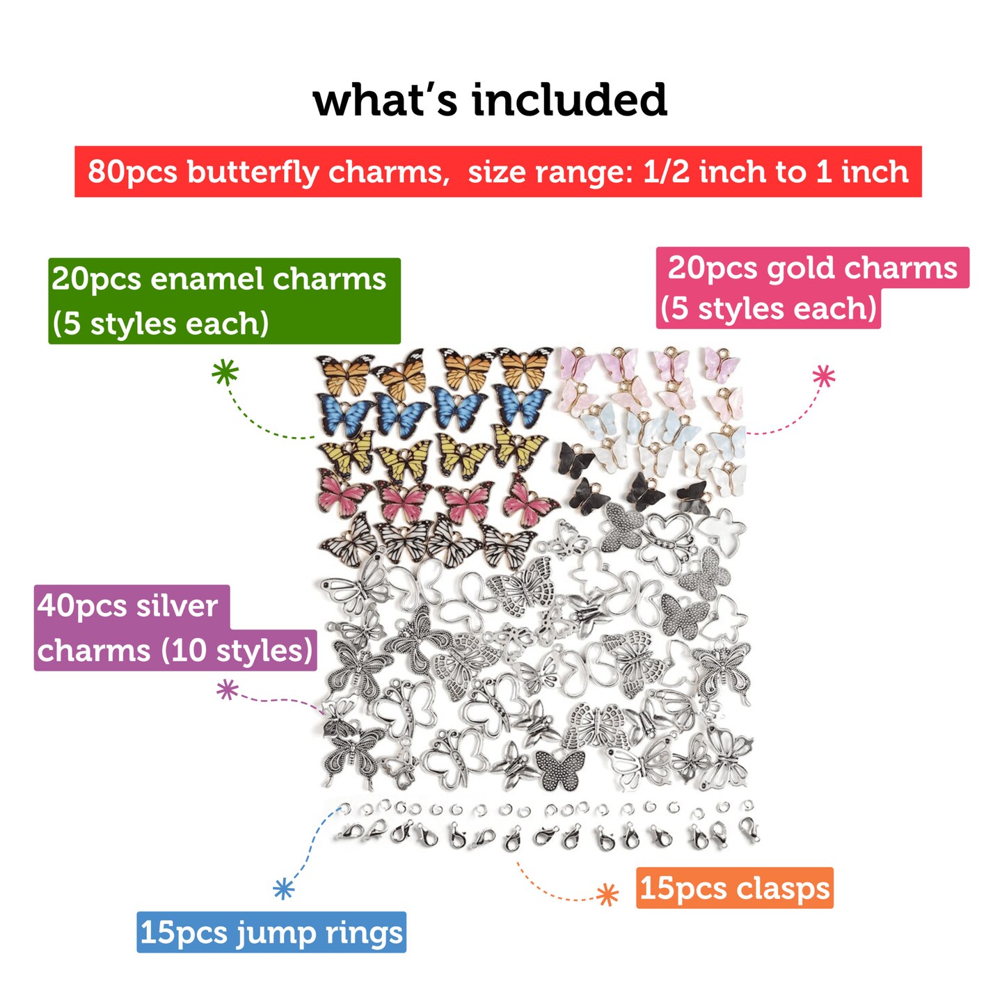 Incraftables Butterfly Charms Pendants for DIY Jewelry, Bracelets, Earring, Keychain &#x26; Necklace Making. Bulk Assorted Lot Pendant Charm set for Bracelet, Bangle &#x26; Crafting Supplies 80pcs (20 Styles)