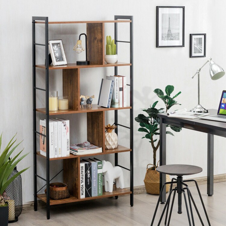 Industrial 4 Tier Bookshelf Open Bookcase with Metal Frame Storage Shelf for Living Room Office Bedroom